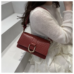 Detail of dark red crocodile textured handbag with golden U-shaped buckle on model