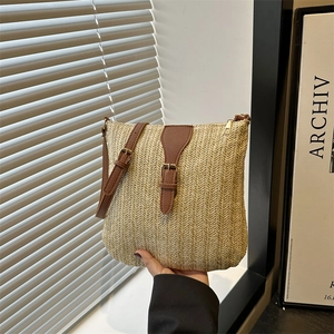 French Straw Woven Crossbody Bag For Women Summer Beach Bag With PU Leather Strap Mori Style Casual Shoulder Bag