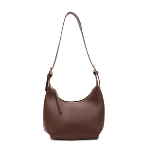 Deep brown matte leather hobo bag with vertical stitching on a white background