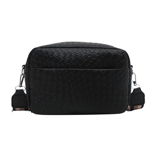 Chic black woven crossbody bag with stylish striped wide strap and silver metal hardware
