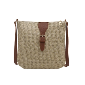 Woven straw crossbody bag with beige herringbone texture and brown leather buckle strap