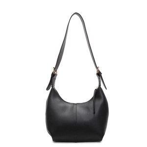 Minimalist black PU leather hobo bucket bag with adjustable shoulder strap on white background