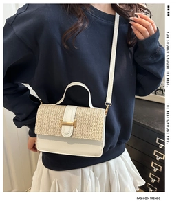 Chic woven patchwork small crossbody bag with gold H-shaped buckle on a model