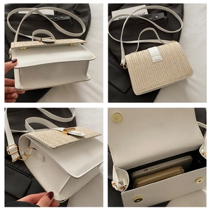Detail view of small square bag showing woven texture, inner capacity, and golden metal buckle