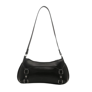 Chic black glossy baguette underarm bag for women with silver buckle and metal rings