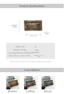 Leopard print PU leather clutch bag dimensions and specifications showing size and colors