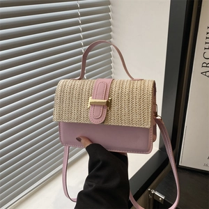 Women's Straw Woven Patchwork Shoulder Bag PU Leather Contrast Color Small Square Crossbody Bag With Handle Fashion Handbag
