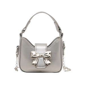 Silver metallic mini handbag with bow detail and detachable chain strap for women