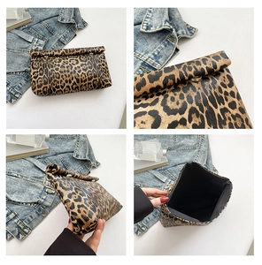 Viste dettagliate multi-angolo della borsa leopardata con chiusura magnetica in metallo