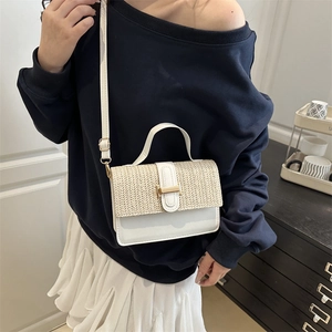 Chic cream woven small square handbag with white leather trim and gold metal closure