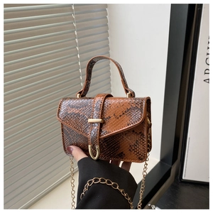 Detail of vintage brown snakeskin pattern small handbag with gold chain strap