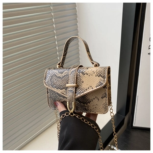 Detailed view of beige snakeskin pattern small handbag with gold chain strap and U-buckle