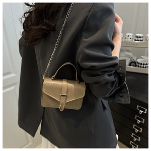 Detail of khaki leather mini crossbody bag featuring golden chain and metal tip strap