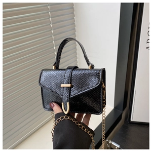 Detail of black snake pattern handbag with gold metal clasp and chain strap