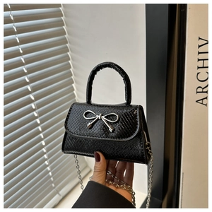 Detailansicht der schwarzen Mikro-Tasche mit Krokoprägung, Silberbogen und Kette