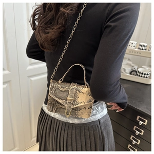 Detailed view of snake skin texture and gold chain strap on a mini crossbody bag