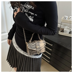 Detail of snake skin pattern mini handbag with gold chain strap and top handle