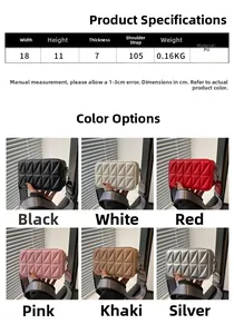Spécifications de taille et six coloris pour ce mini sac carré matelassé en cuir PU souple