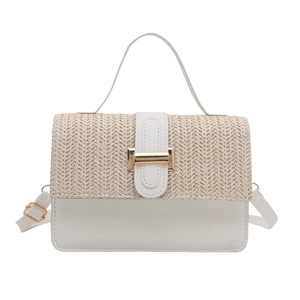 Borsa a tracolla minimalista in pelle bianca e paglia beige con chiusura dorata
