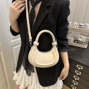 Cream half-moon shoulder bag with FASHION lettering and adjustable strap for women