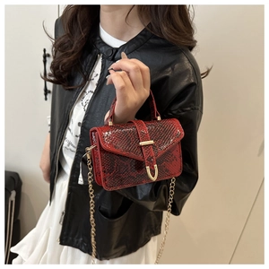 Detail of red and black snakeskin patterned handbag with gold metal chain and U-buckle