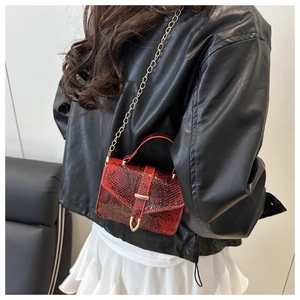 Close-up of red snakeskin mini handbag with gold horseshoe buckle and chain strap