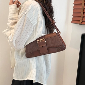 Chic dark brown faux crocodile leather underarm bag with vintage gold buckle detail