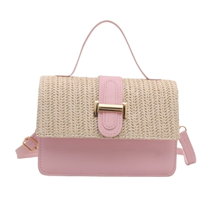 Pink PU and straw woven small square bag with top handle and gold metal clasp