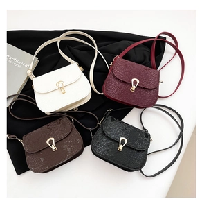 Vue détaillée de petits sacs bandoulière tressés avec fermoirs dorés en quatre coloris