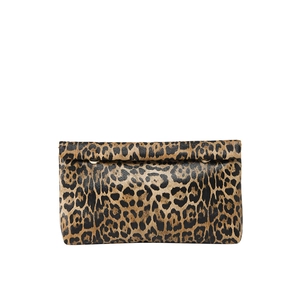 Classic leopard print foldover clutch bag with stylish metal rings on white background