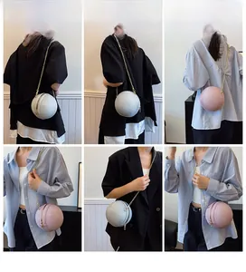 Multiple views of a trendy glitter spherical crossbody bag with golden chain straps