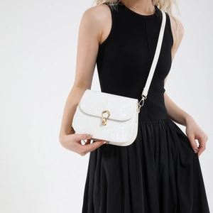 Minimalist white saddle bag with golden buckle and textured PU leather for women