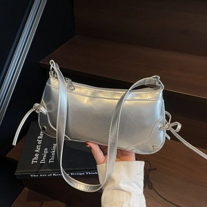 Women Baguette Underarm Shoulder Bag Shiny PU Leather Metallic Bow Tie Ribbon Rivet Y2K Retro Niche Chic Fashionable
