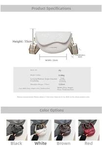 Detailed size and color specs for saddle bag with dimensions and wide strap features