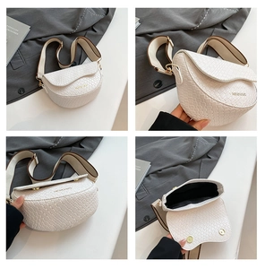 Four-view detail of a white woven saddle bag with gold logo and contrast shoulder strap