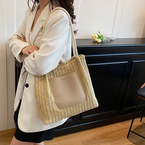 Fashion woven straw tote bag with leather pocket and rope handles for women