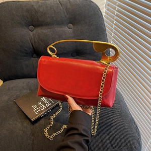 Sac Bandoulière Femme en Cuir PU Avec Grande Poignée Épingle de Sûreté Dorée Chaîne Métallique Petit Sac Carré Décontracté