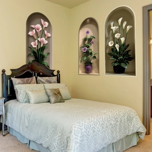 Macro view of self-adhesive 3D floral wall stickers with potted plant niche designs