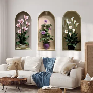 Set of three 3D arch niche wall stickers featuring realistic pink and purple floral plants