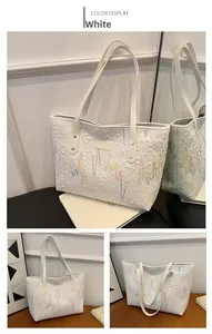 Détail du sac cabas blanc avec texture matelassée et broderie ondulée colorée