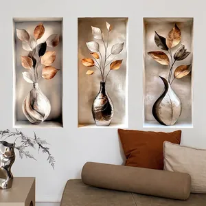 3D embossed wall art set featuring metallic flower vases and botanical elements for home decor