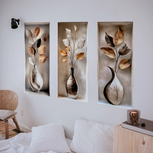 Modern 3D wall art stickers featuring vintage metallic floral plants for living room decor