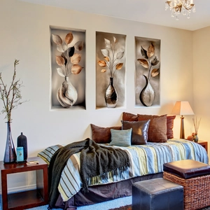 Three-piece retro 3D floral wall stickers in a warm bedroom setting over the bed