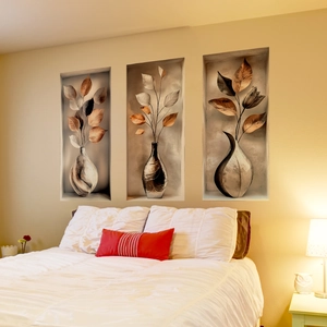 Three-piece set of 3D vintage floral wall decals in a warm bedroom setting