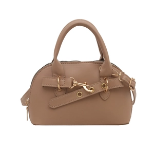 Classic khaki mini shell bowling bag with top handle and golden buckle hardware details
