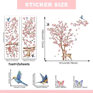 Detailed dimension guide for pink floral and bird wall stickers with size labels