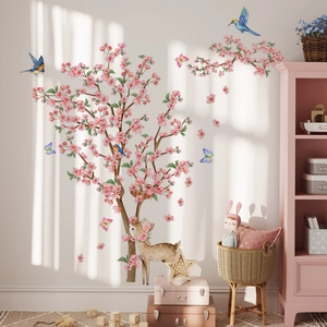 Creative watercolor pink cherry blossom tree wall decal with a floral deer and birds