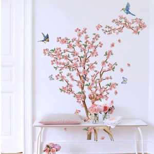 Detailed wall sticker featuring pink cherry blossoms, flying birds, and butterflies in nature