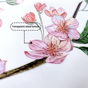 Close-up of pink flower wall sticker showing transparent raised texture and 3D detail