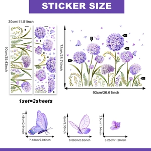 Purple hydrangea and butterfly static window stickers for bedroom wall decoration